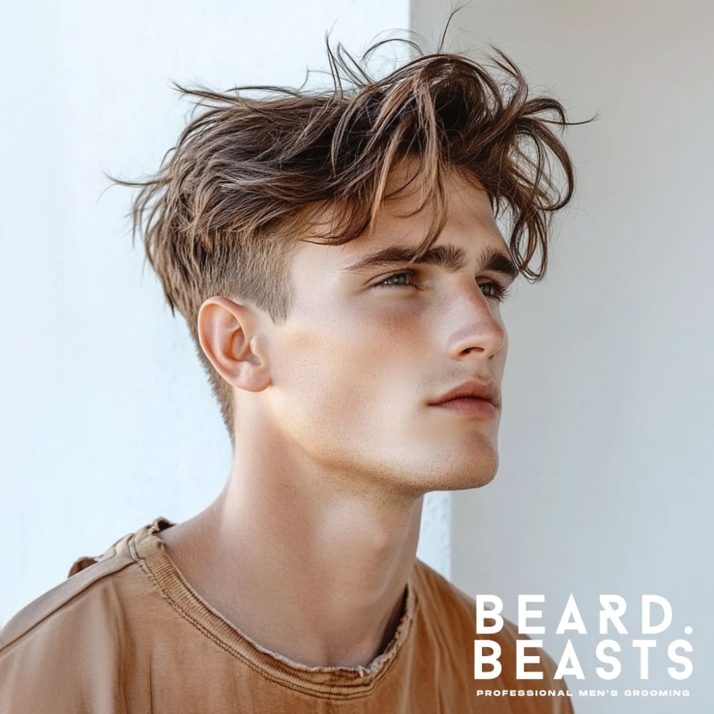 A side-profile portrait of a young man with a men's flow haircut featuring a tapered style. His medium-length hair is styled with natural texture and volume, with the top left slightly messy for a relaxed and modern look. The sides are tapered, blending seamlessly into the longer layers on top, creating a sharp and clean finish. His defined facial features, including a strong jawline and straight nose, are accentuated by the hairstyle. He is wearing a tan, slightly distressed T-shirt that adds a casual touch to the overall appearance.