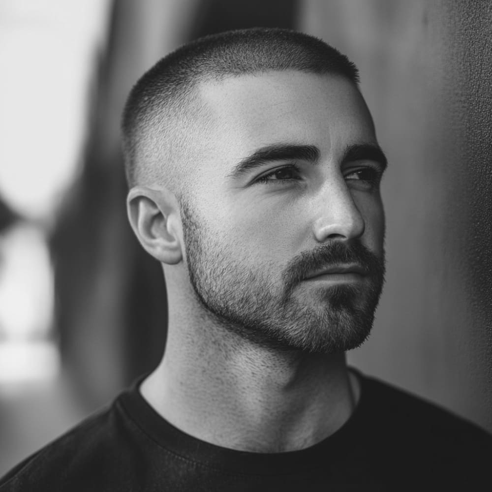 Black and white portrait of a man with a number 3 buzz cut, featuring evenly trimmed short hair and a well-groomed short beard. The man has a relaxed and confident expression, with natural lighting highlighting the clean lines of his haircut. The blurred background emphasizes the sharpness of his hairstyle and facial features.