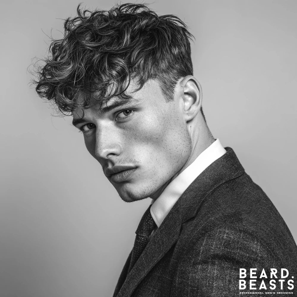 Medium-length textured crop haircut for men with layered waves and natural volume, styled with a slightly undone finish.