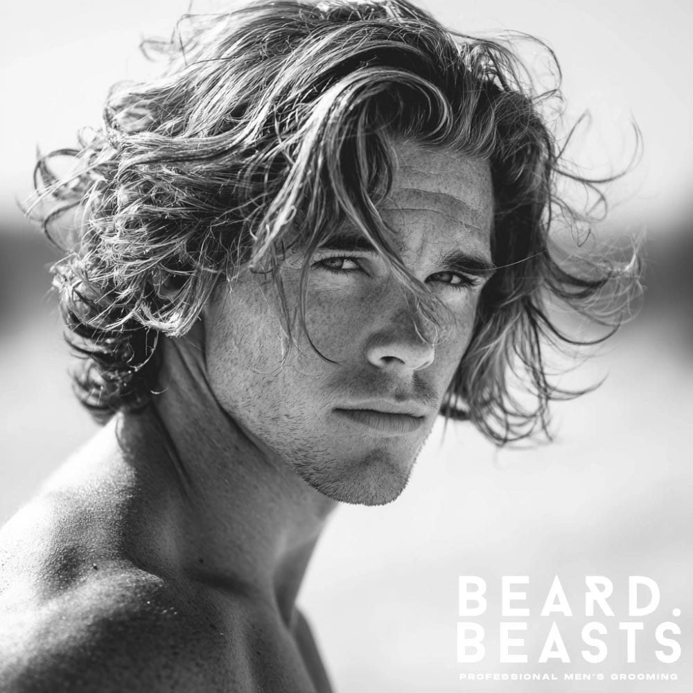 Man with medium length wavy surfer hair blowing in the wind on a sunny beach.