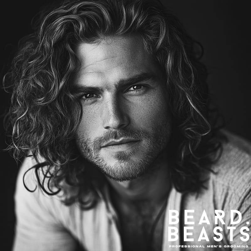 Handsome man with medium-length curly hair and layered curls, styled to perfection with volume and texture. The black and white portrait showcases natural, defined curls framing the face, with a relaxed yet stylish look. Beard Beasts branding at the bottom highlights professional men’s grooming.