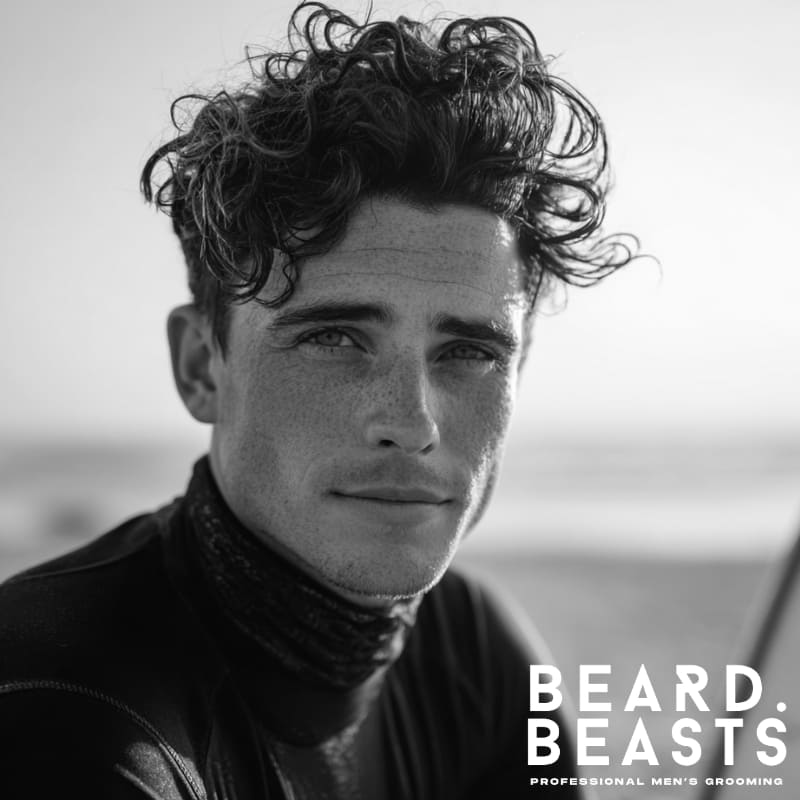 Close-up of a male model with a stylish curly quiff hairstyle, showcasing voluminous, defined curls swept upwards on a beach at sunset.