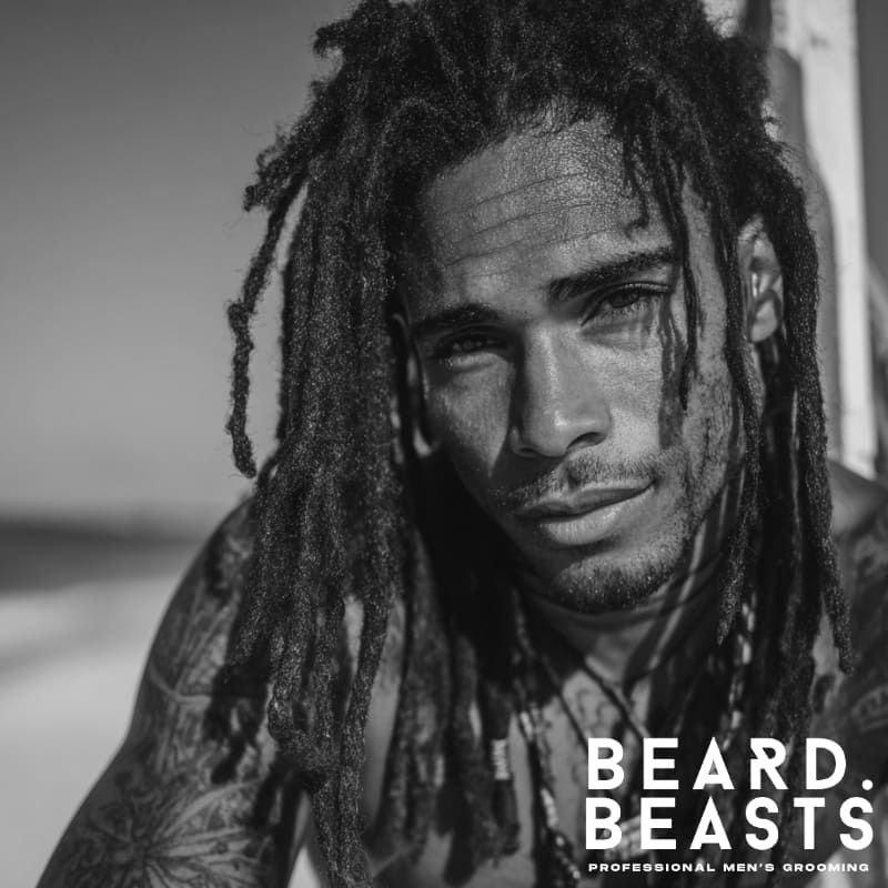 Close-up of a male model with long, textured dreadlocks, embodying a bold and natural surfer aesthetic on a sunny beach.