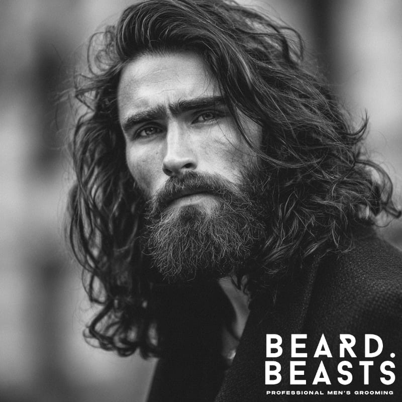 A striking look with long, curly hair and a full textured beard. This bold hairstyle combines natural volume and movement with rugged facial hair, perfect for men seeking a powerful, confident style with a blend of texture and masculinity.