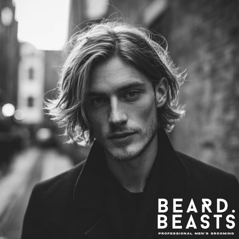 Male model with a natural, tousled hairstyle, exuding a relaxed yet stylish vibe. The look features soft volume and movement, captured in an urban backdrop.