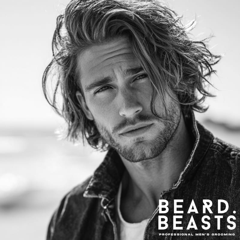Portrait of a male model with long, wavy, side-swept hair, embodying an effortless and natural surfer style on the beach.
