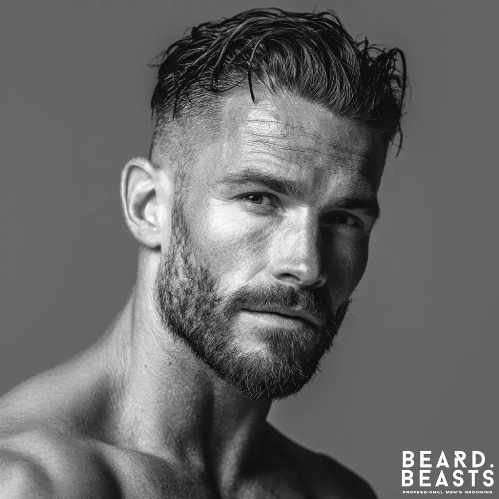 A black and white studio portrait of a man with a messy slick back hairstyle. The sides have a high skin fade, and he has a short, well-groomed beard. He is shirtless and looking directly at the camera.
