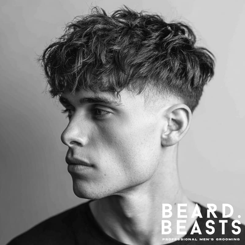 Young man with a messy textured crop and fade, featuring tousled layers on top and a smooth fade on the sides for a relaxed, edgy style.