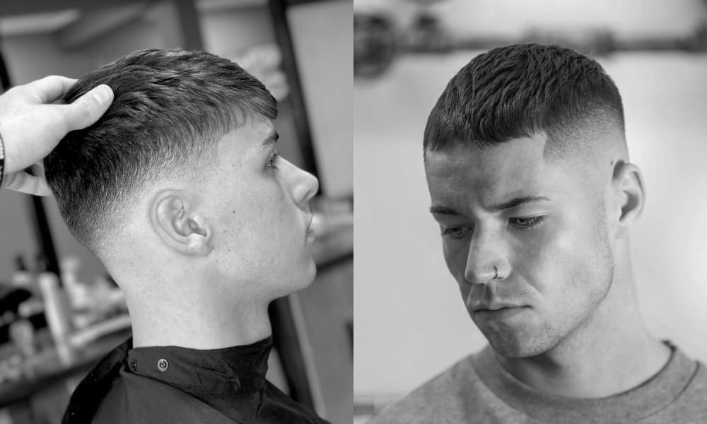 A black-and-white comparison image showing two variations of a fade haircut. On the left, a man is getting a mid fade with short, textured hair on top, while on the right, another man showcases a high fade with a more defined, crisp cut at the temples. Both hairstyles feature clean, tapered sides and neatly styled top sections, highlighting the contrast between the mid and high fade looks. The images capture different angles, offering a clear view of how each fade style complements the overall haircut.