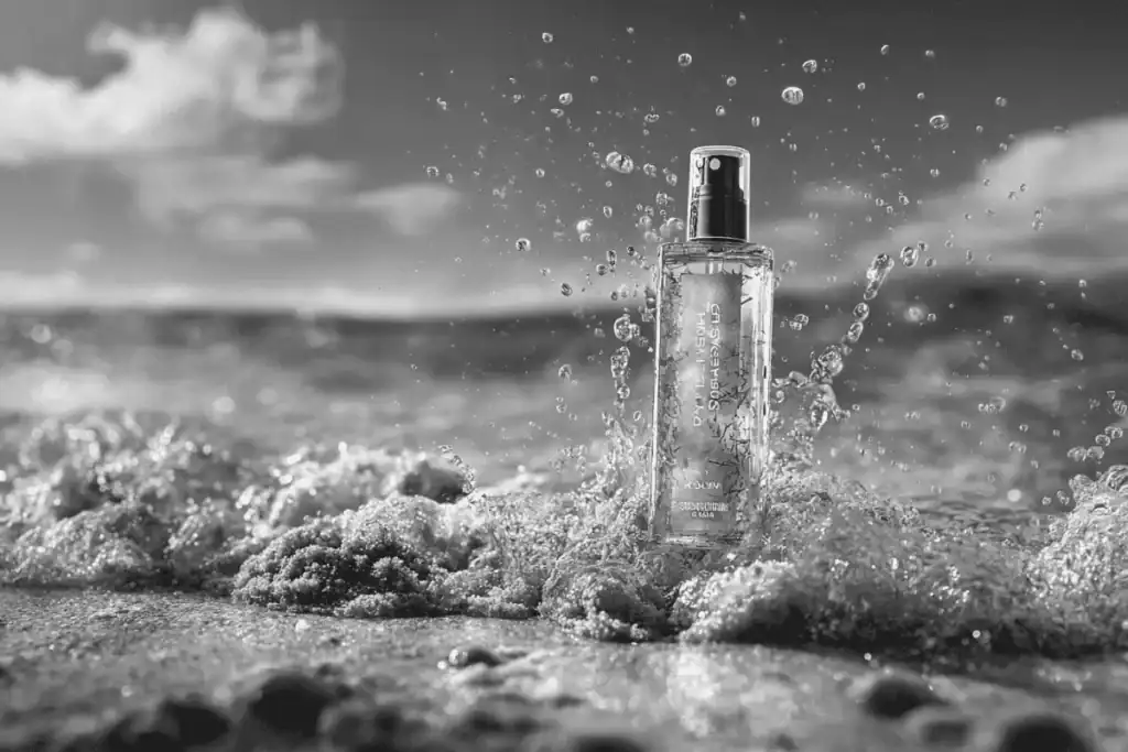 Sea salt spray bottle on a beach with ocean water splashing around it.