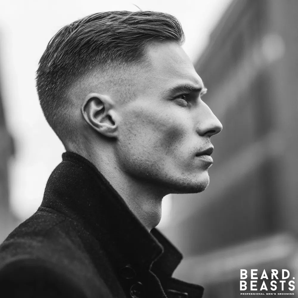 A close-up, black and white profile portrait of a man with a slick back haircut and a drop fade. The hair on top is neatly combed back, and the fade on the sides curves down behind the ear. He has sharp facial features and is wearing a dark coat with the collar turned up.