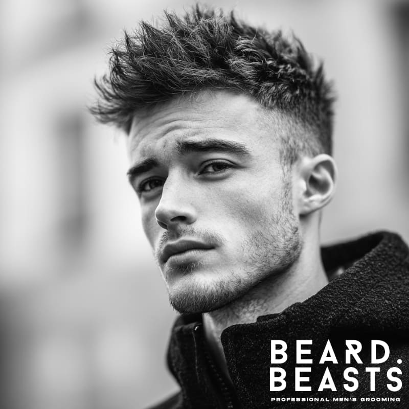 A textured spiky hairstyle for men with a diamond face shape, featuring short, spiked hair on top with faded sides. This dynamic, edgy style adds volume and height, perfectly complementing the sharp features of a diamond-shaped face for a bold, modern look.