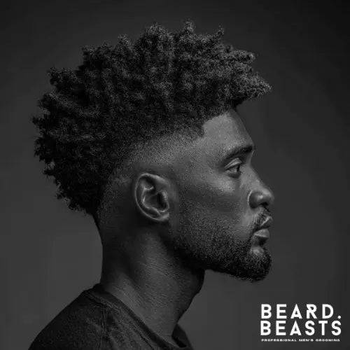 A stylish sponged long afro fade haircut for Black men, featuring a voluminous, well-shaped afro with a clean high fade that blends seamlessly into the skin. The sharp lineup enhances the crisp and modern look, while the neatly trimmed beard adds balance to the overall style. This fade haircut is a bold yet sophisticated choice, perfect for those seeking a fresh and well-groomed appearance. Beard Beasts branding emphasizes professional men's grooming.