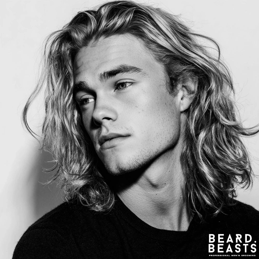 Surfer-inspired long layers on a man, featuring casual wind-tousled texture and natural separation for a relaxed, adventurous style.