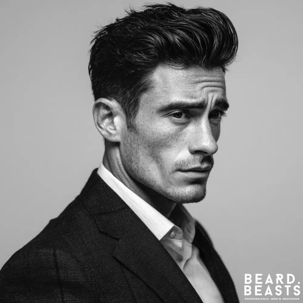 A professional black and white portrait of a man looking over his shoulder with an intense expression. He wears a dark suit jacket and has a textured brush back hairstyle with significant volume. He has light stubble and a mustache.