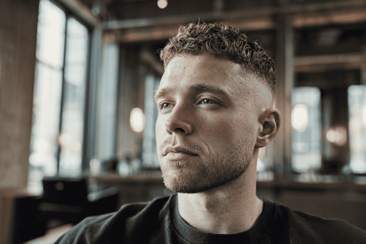 Finished textured crop haircut with short sides and cropped fringe