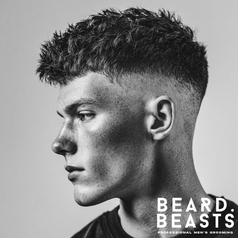 Young man with a textured crop and high skin fade, featuring defined layers on top and a sharp, clean fade on the sides for a bold, modern look.
