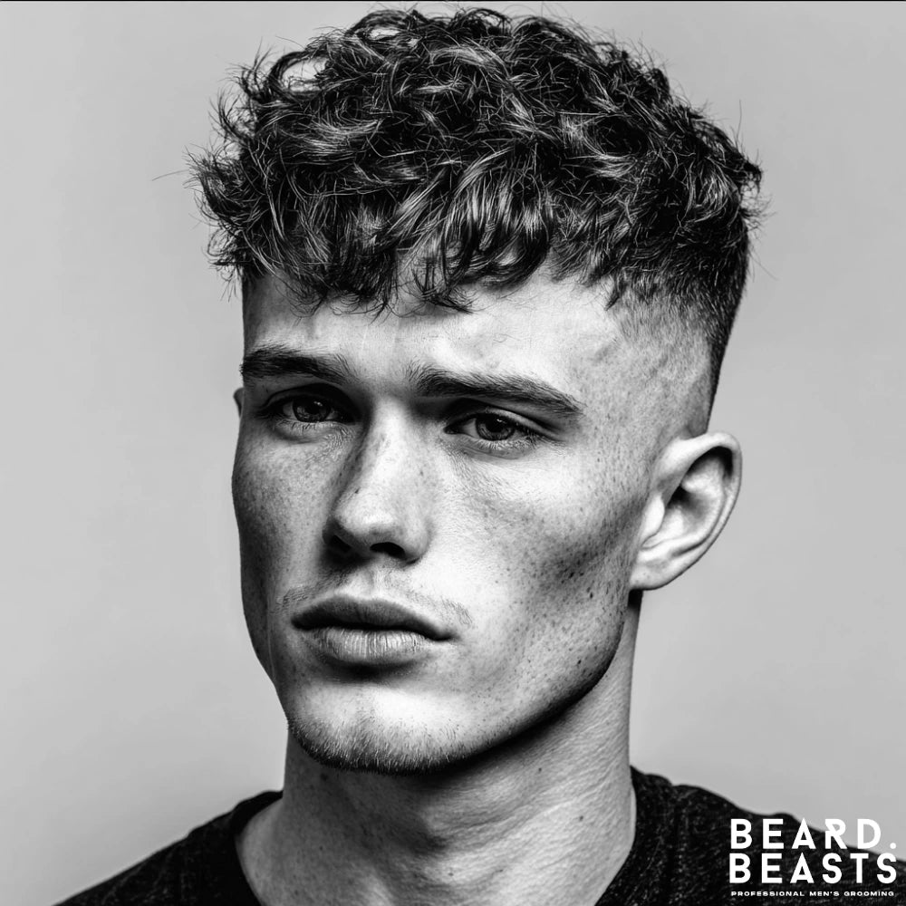 Textured crop with layers featuring a high fade and choppy fringe, a short layered haircut for men