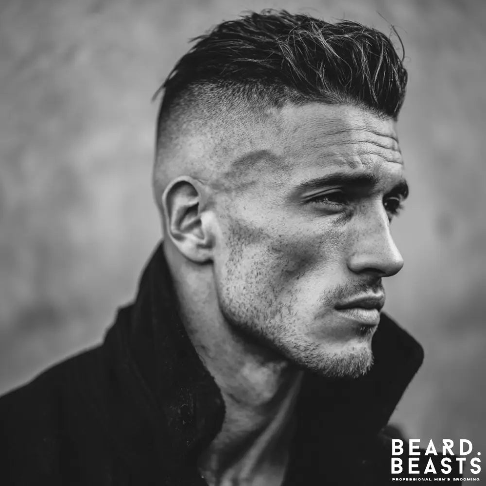 A dramatic, black and white portrait of a man with a rugged look. His hair is styled in a textured slick back with a high undercut fade on the sides. He has sharp facial features, light stubble, and an intense, serious expression.