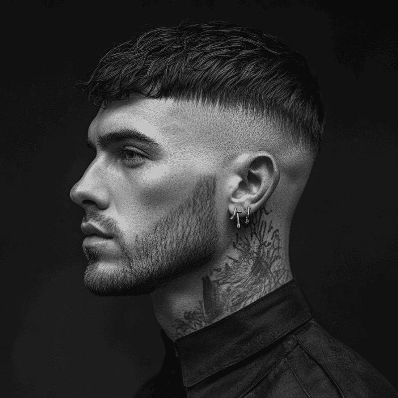 ide profile of a man with a textured crop haircut and a sharp drop fade, showcasing clean skin fade details and defined fringe. Ideal modern men's hairstyle for a bold, edgy look.