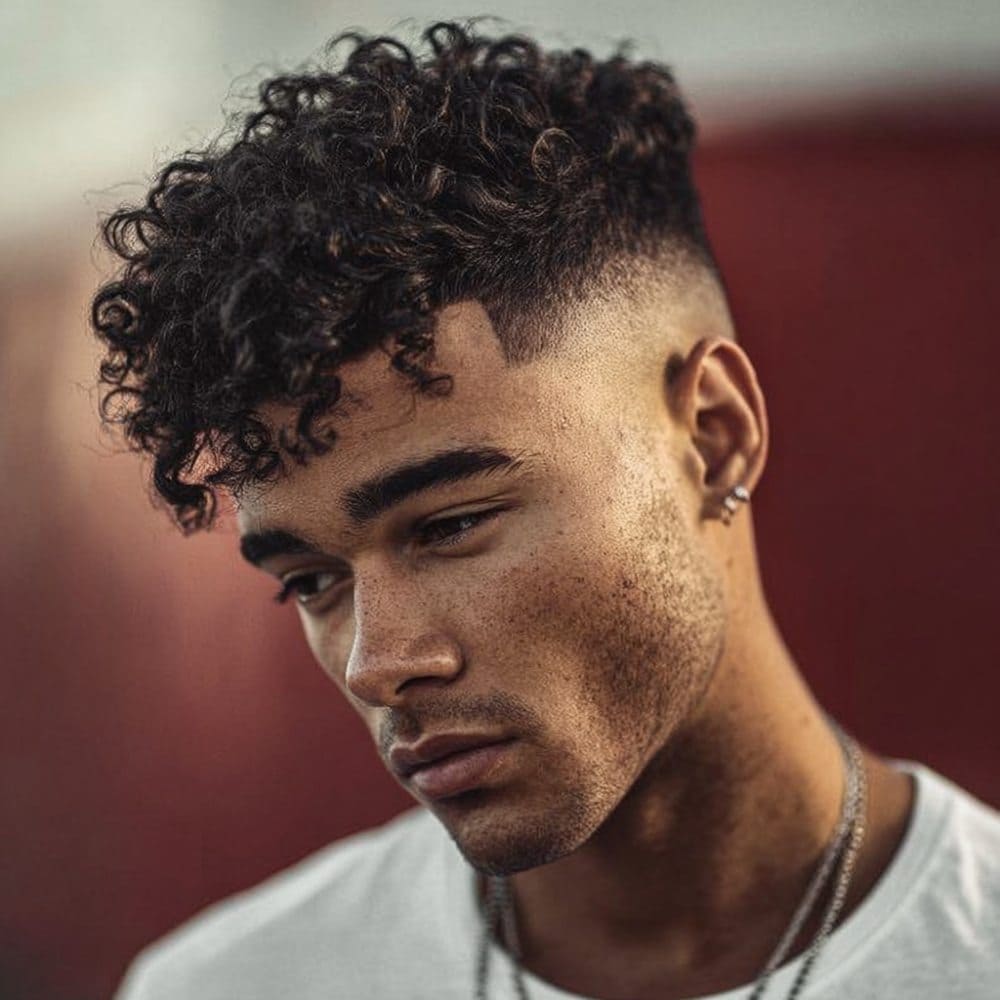A man with well-defined curly hair sporting a fade haircut. His curls are neatly styled on top, transitioning into a sharp fade around the sides and back. He also has a well-groomed beard that complements the clean and sharp haircut, giving a modern and polished appearance. The setting appears neutral, emphasizing his hairstyle.