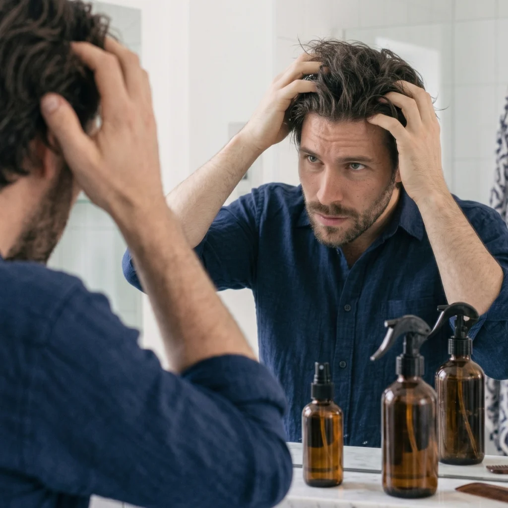 Man checking dry stiff hair after using too much sea salt spray