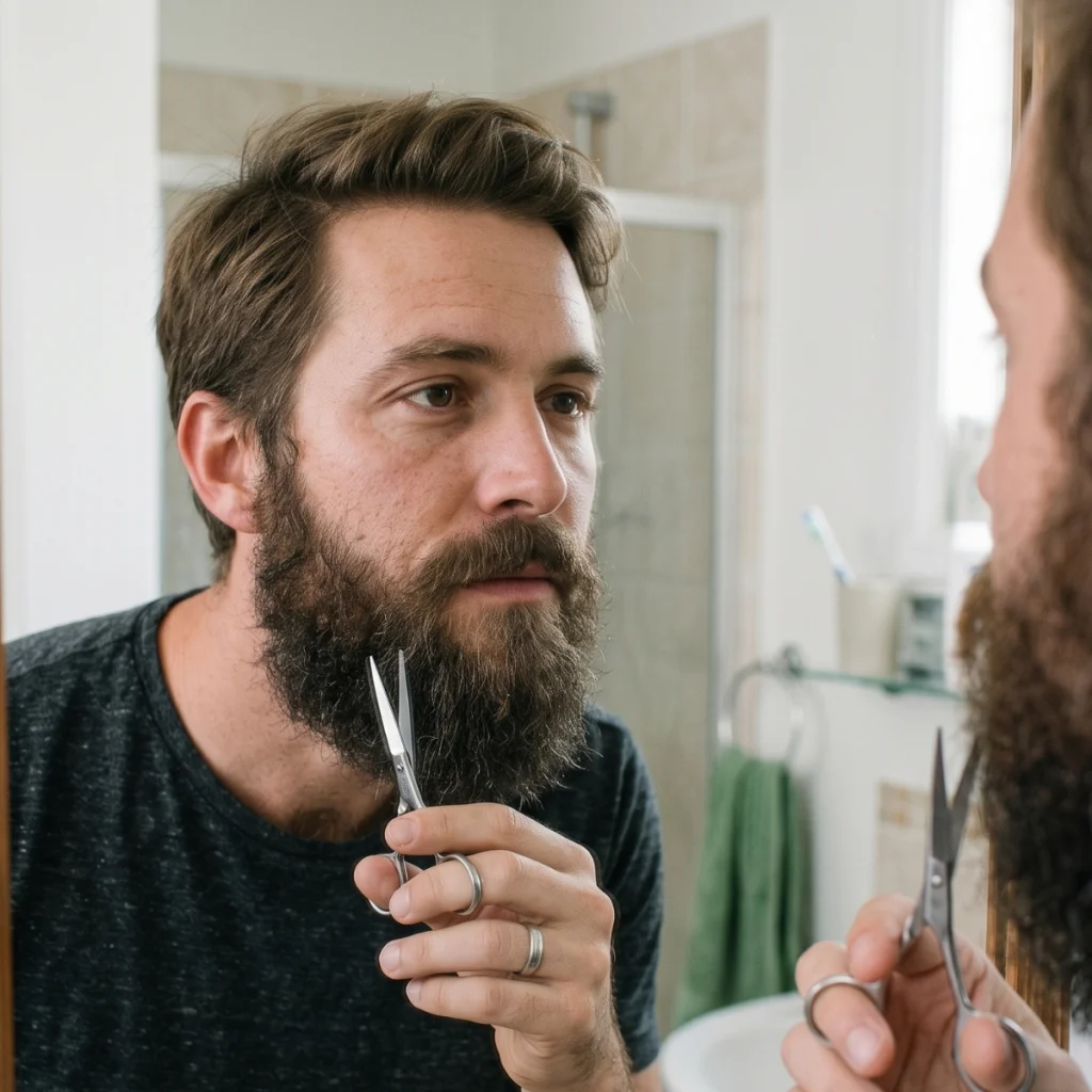 Man checking a wiry beard in the mirror before trimming stray hairs
