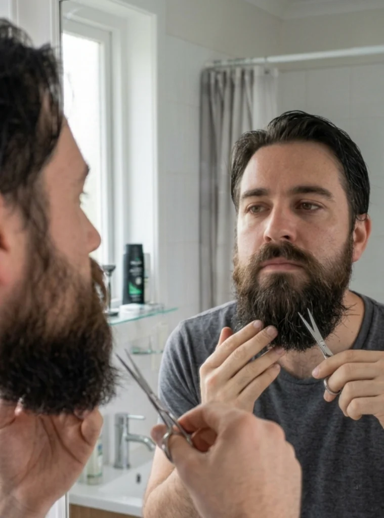 Man trimming stray hairs without cutting the beard sides too short