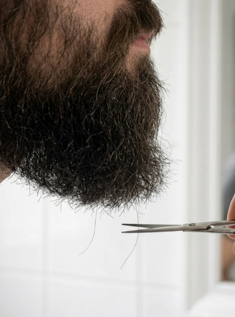 Man trimming a few long hairs from the bottom of his beard