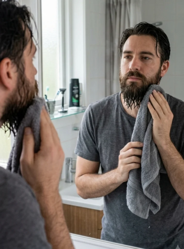 Man waiting for his wet beard to dry before trimming
