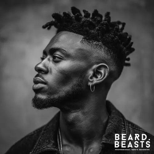 A stylish twists fade haircut, featuring a clean, high fade that seamlessly blends into thick, textured twists. The sharp lineup and well-groomed beard enhance the bold and modern look. Paired with trendy glasses and accessorized with a chain, this fade haircut exudes confidence and sophistication. Beard Beasts branding emphasizes professional men's grooming.