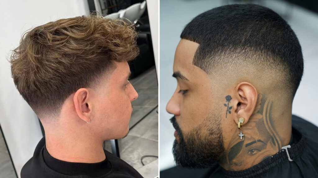 Side-by-side comparison of a taper fade vs drop fade. The left image features a taper fade, blending smoothly into wavy, textured hair for a natural and polished look. The right image showcases a drop fade, curving behind the ear with a sharp transition, paired with a well-groomed beard. Both fades offer a stylish, clean finish, highlighting the contrast between a subtle and bold fade style.