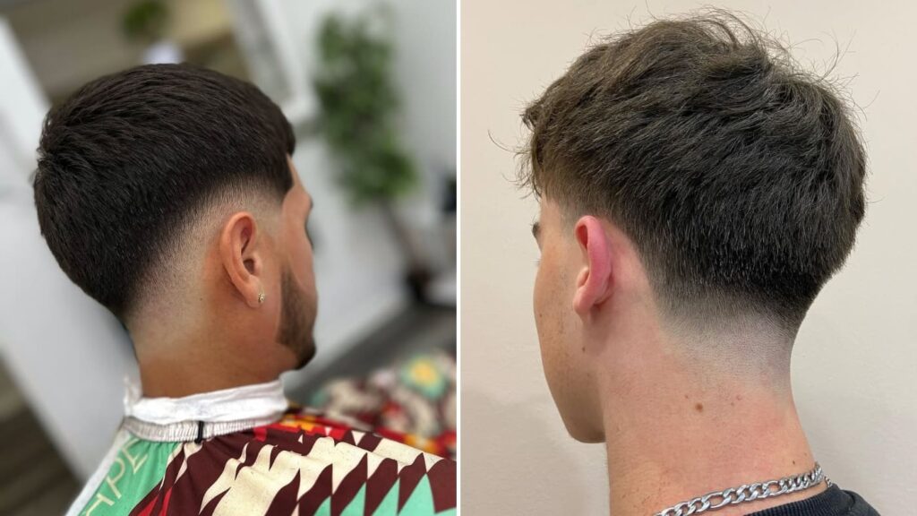Side-by-side comparison of a drop fade vs taper fade. The left image features a drop fade, where the fade curves lower behind the ear for a bold, structured look. The right image showcases a taper fade, with a more gradual transition at the nape, creating a subtle and natural blend. Both styles offer a clean, modern finish, highlighting the key differences between a sharp, high-contrast fade and a softer, low-maintenance option.