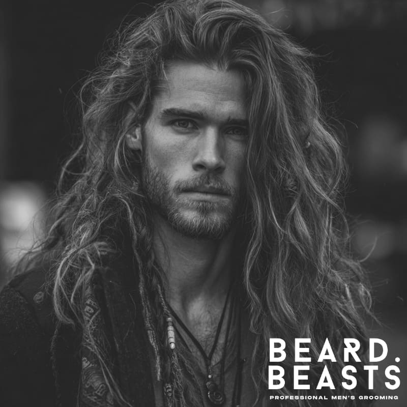 A bold, rugged look with long, textured hair styled naturally and paired with a thick beard. Perfect for men seeking a primal, powerful hairstyle with strong texture, ideal for thick or textured hair. This Viking-inspired style embodies strength, dominance, and individuality.