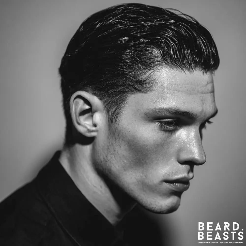 A dramatic, black and white studio portrait of a man in three-quarter profile. He has a classic wet-look slick back hairstyle, with his glossy hair combed neatly back. He has strong facial features, light stubble, and a pensive expression.