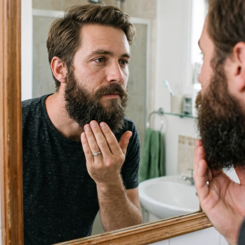 Man checking his wiry beard in the mirror after grooming