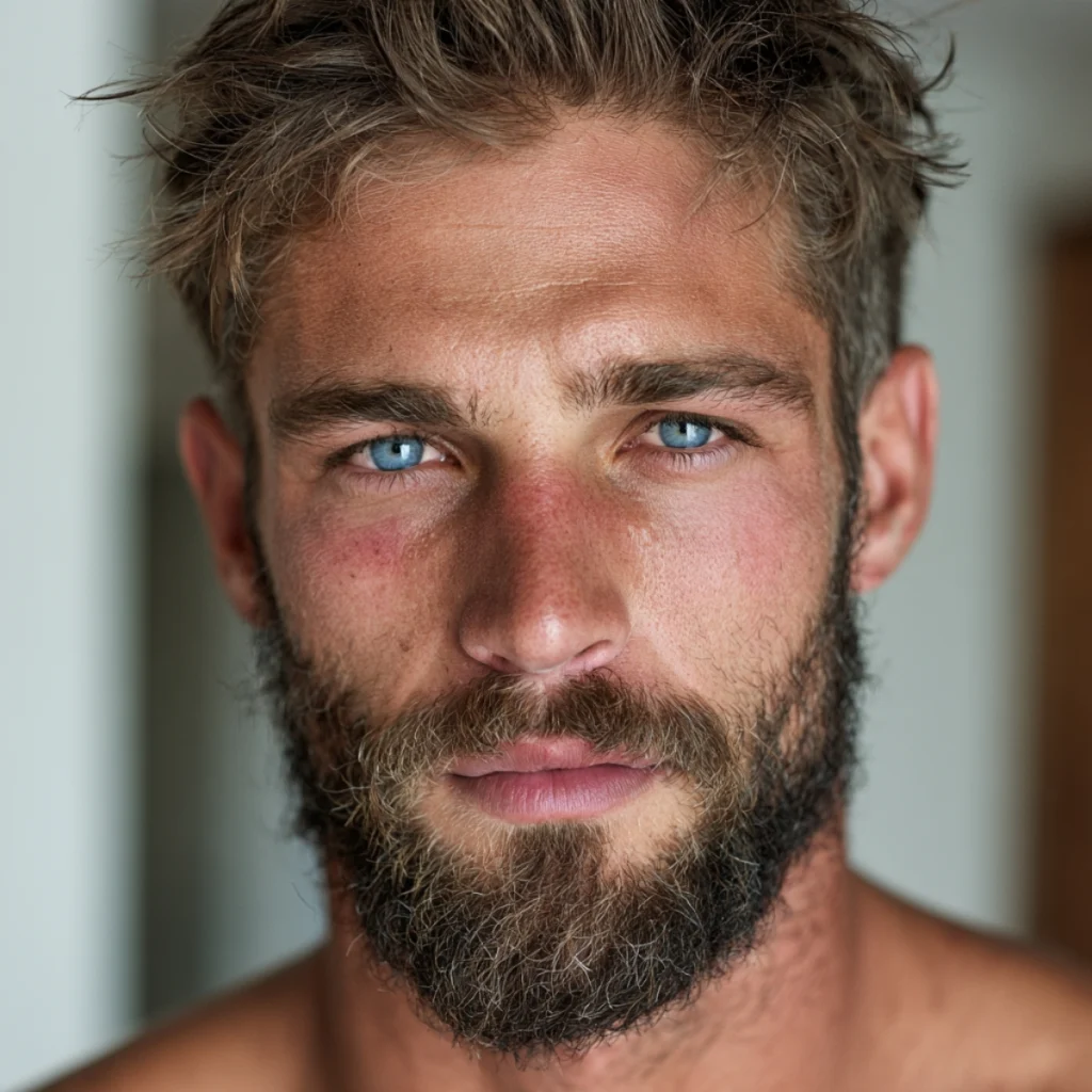 Man with a naturally coarse wiry beard and healthy-looking facial hair