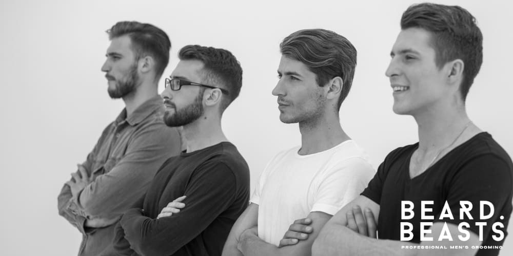 ide profile of four men with different face shapes and hairstyles, demonstrating how to choose the perfect haircut for your face shape. The image showcases a variety of grooming styles, from classic side parts to modern fades, aligning with Beard Beasts