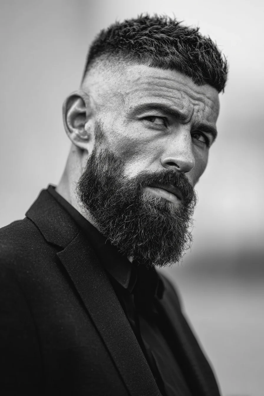 Bearded man with a textured crop fade wearing a black suit — Beard Beasts grooming