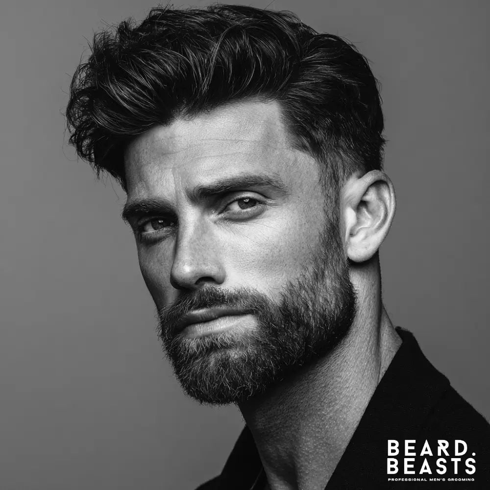 Man with a classic quiff hairstyle featuring a side part and short beard — refined men’s grooming style showing structure and control by Beard Beasts.