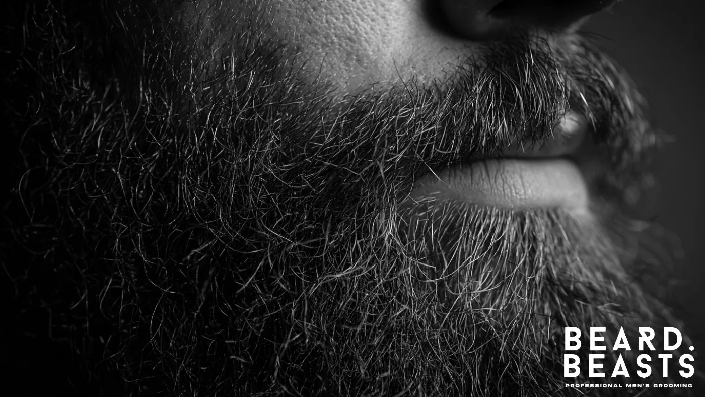 Close-up of wiry beard hairs showing coarse texture before softening treatment.