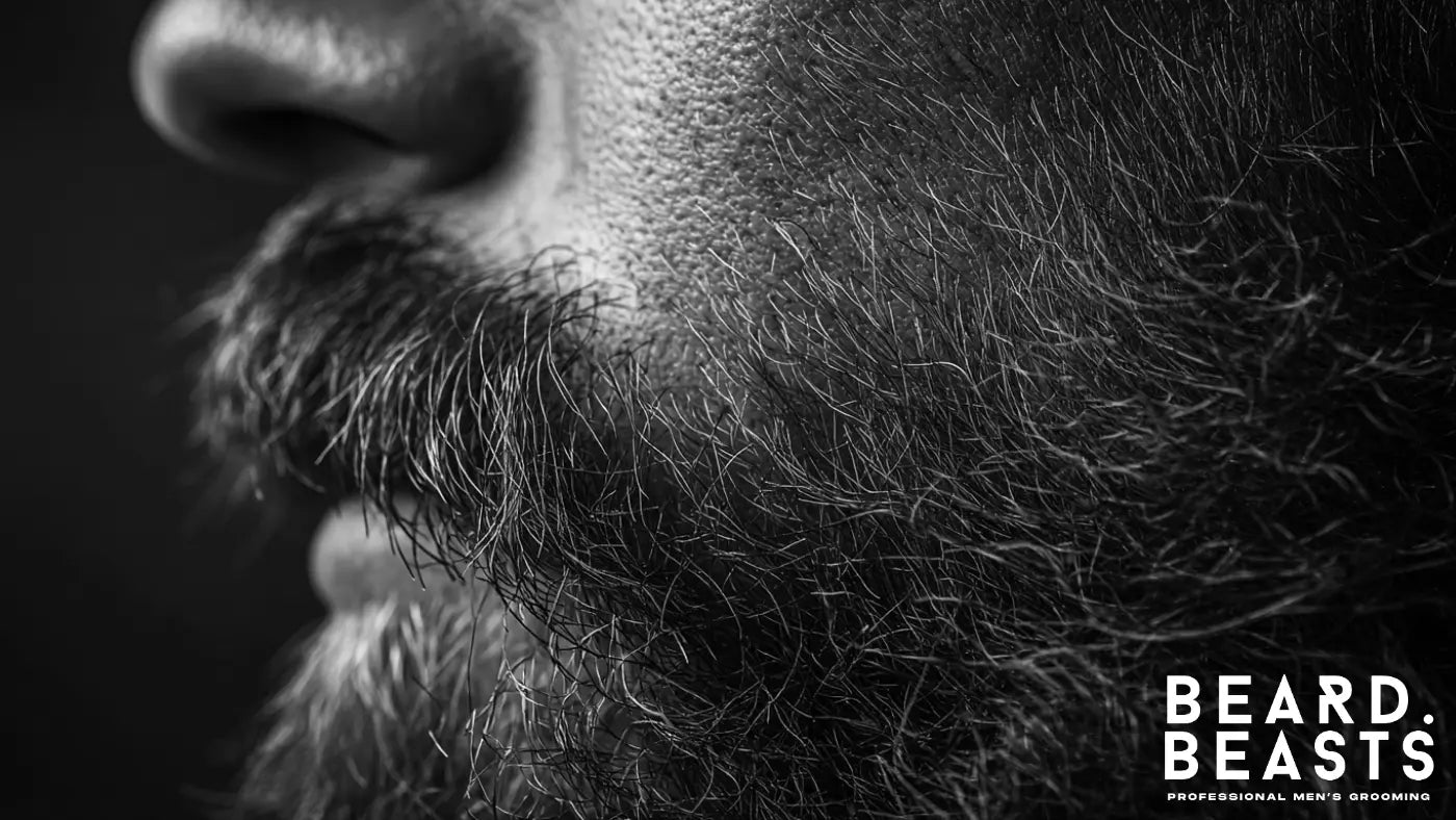 Black and white close-up of a coarse beard showing thick textured facial hair and defined strands.