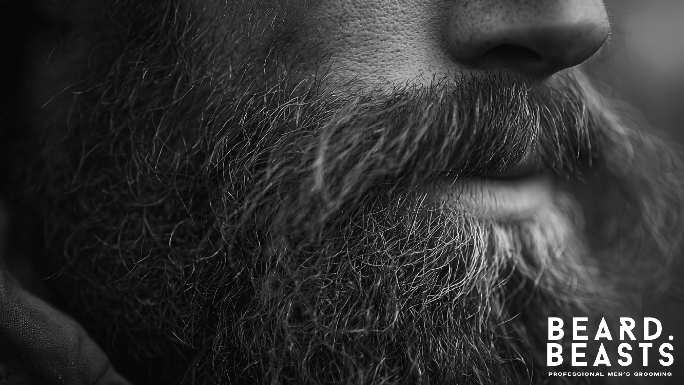 Close-up of a coarse beard showing thick strands and rugged texture, illustrating natural strength and density.