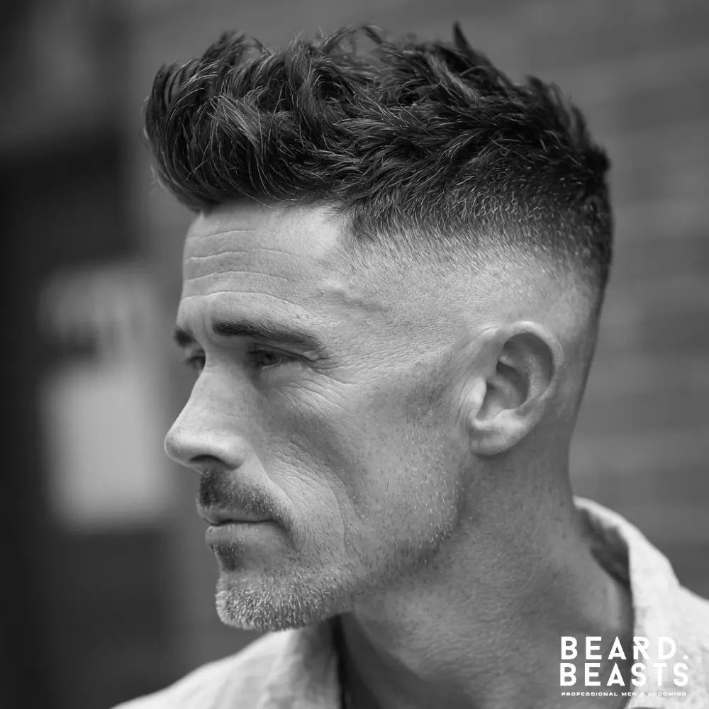 Man with a modern textured quiff and high fade — stylish men’s hairstyle showing volume, structure, and precision by Beard Beasts.