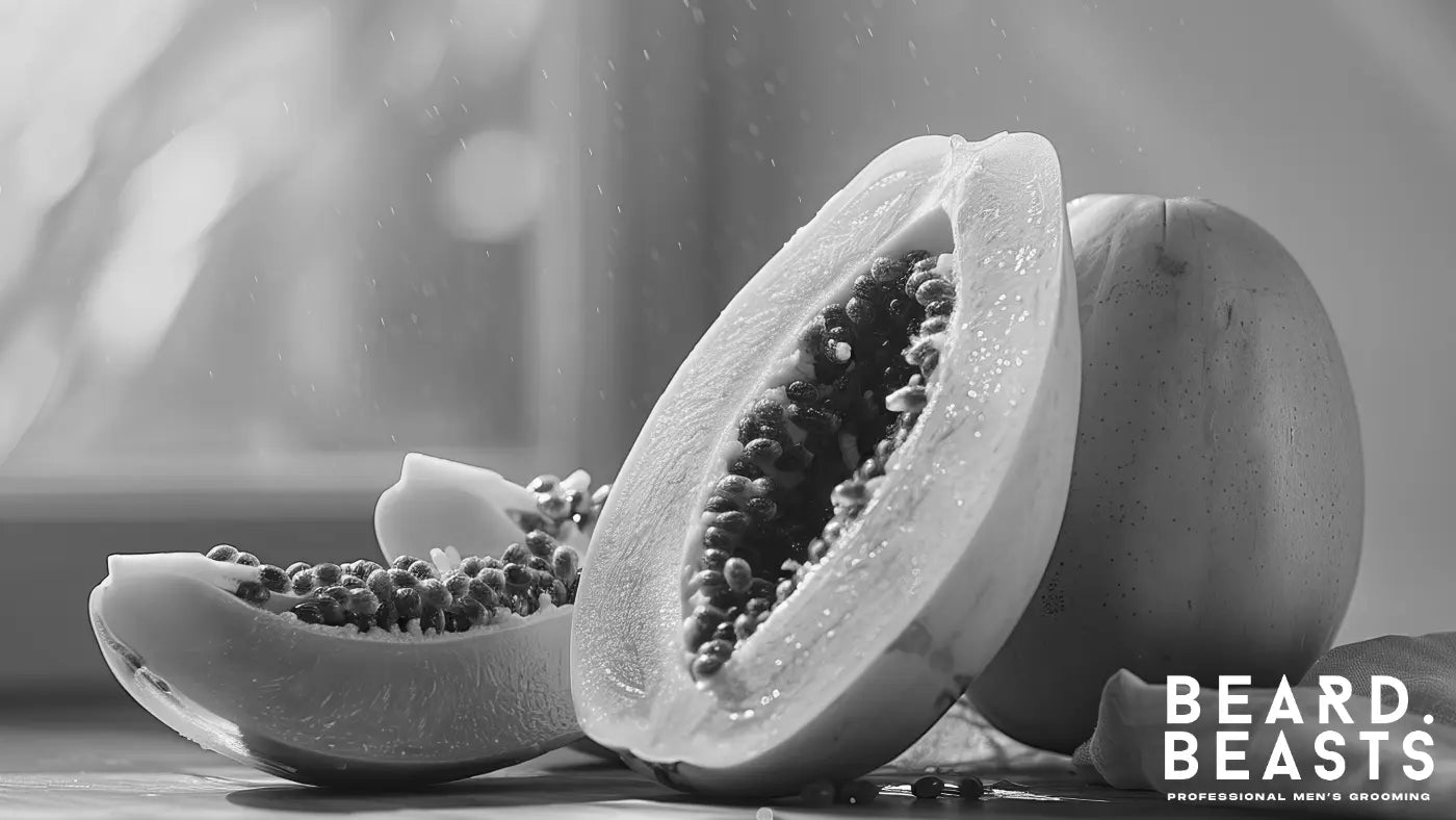 Fresh sliced papaya on a table, rich in vitamin A and natural enzymes that improve nutrient absorption and support steady, healthy beard growth.