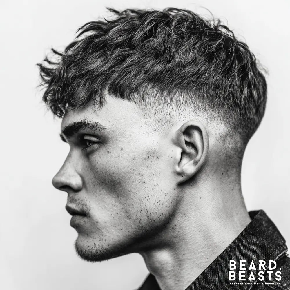 A man with a short textured crop haircut featuring layered top and faded sides — hairstyle example from Beard Beasts’ men’s styling guide.