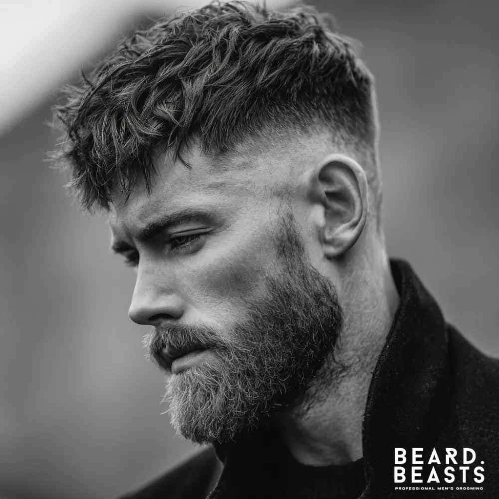 A man with a textured crop haircut and beard showing layered texture and defined shape — example from Beard Beasts’ modern men’s hairstyle guide.