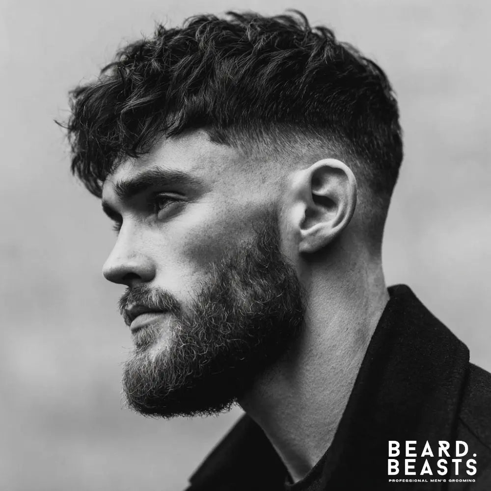 A man with a textured crop haircut and full beard showing how short layered hair complements facial hair — featured in Beard Beasts’ textured crop guide.