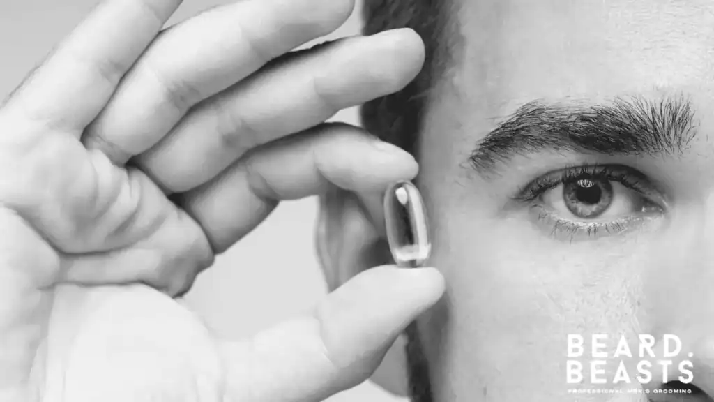 Close up of a man holding a capsule of vitamin e for beard health to highlight skin-friendly grooming habits.