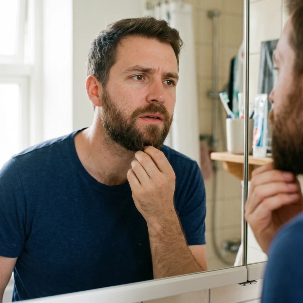 Man checking his beard in the mirror after noticing flakes returning